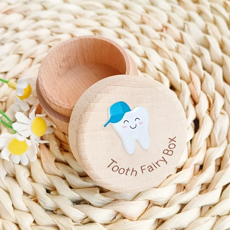 1 wooden tooth collection box with 3D blue hat tooth pattern design, tooth preservation box, tooth storage box, tooth box, tooth collection box, portable souvenir storage box, birth souvenir, home decoration, Decoration Items, Decor Accessory