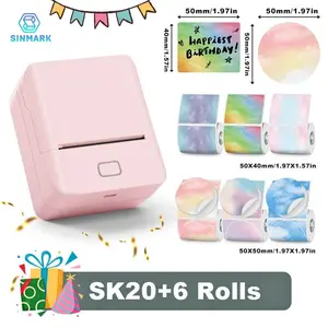 Portable Wireless Label Printer Sk20 + 6 Rolls Paper Set, USB Rechargeable, Compatible with iOS Android Windows, Barcode Clothing Jewelry Retail Mail
