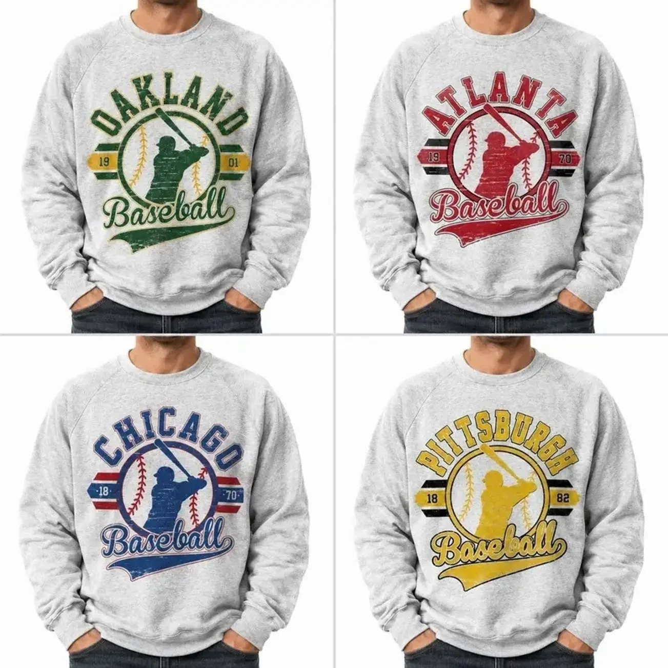 Vintage Baseball Sweatshirt – Ash Grey, Retro Established City Baseball Pullover, Sports Unisex Crewneck Sweatshirts, Sublimation Print Casual Graphic Top