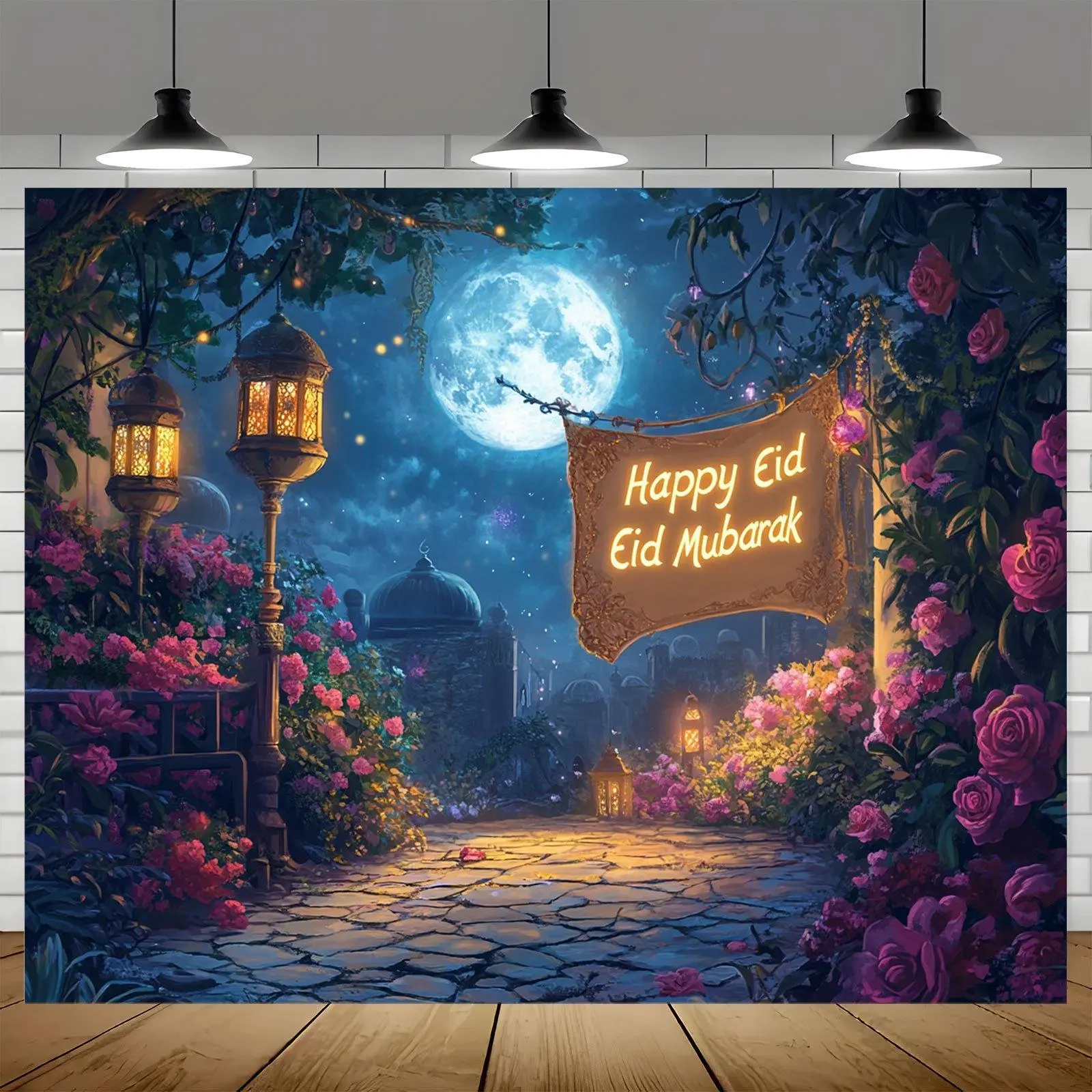 Extra Large Eid Mubarak Polyester Party Banner - Enchanting Night Bloom Flowers, Moonlit Pathway, Lanterns & Roses Design, Hangable Decorative Photo Backdrop for Eid Al-Fitr Festivities, Indoor/Outdoor Textile Decor