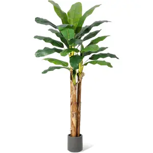 Rtificial Banana Tree, Fake Banana Leaf Plants with Grey Planter, Faux Silk Tree Faux Banana Leaves for for Home Swimming Pool Indoor Outdoor Patio Tropical Decor