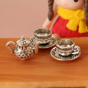 Mini Tea Cup Set Vintage Dollhouse Teapot Small Cups Miniature House Coffee Shop Kitchen Accessories Photography Props