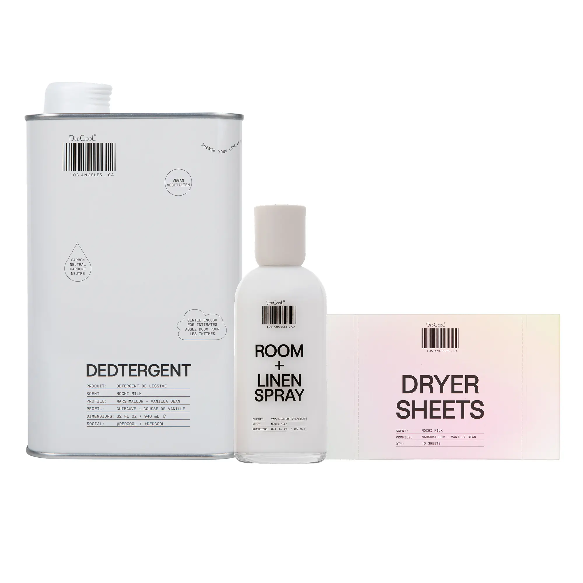 Mochi Milk Laundry Trio – Dedtergent + Dryer Sheets + Room & Linen Spray
