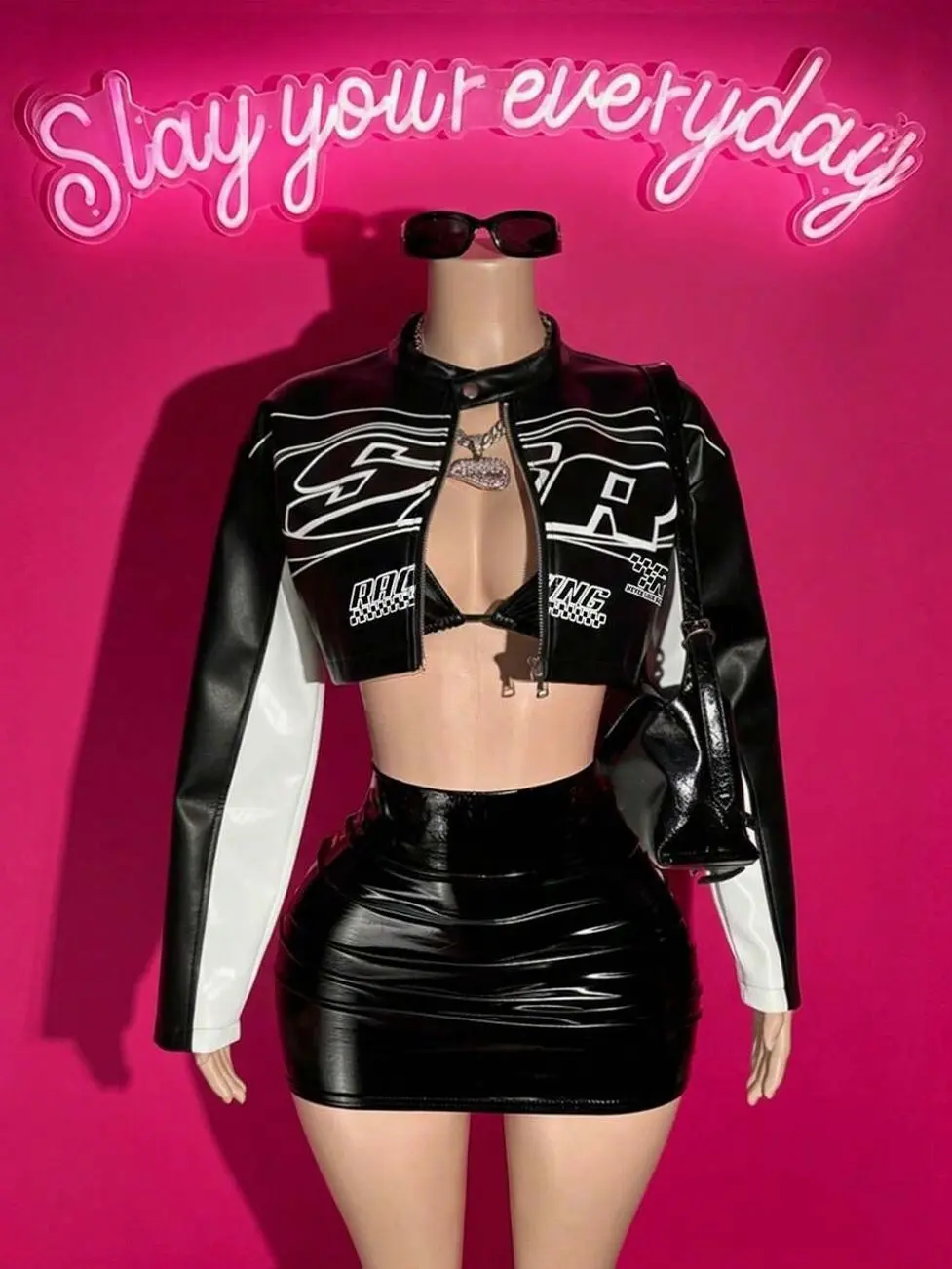 Graphic Cropped Faux Leather Biker Jacket, Long Sleeve Moto Outerwear for Casual Streetwear