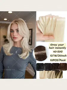 10pcs Invisible Hole Weft Human Hair Extensions, Twin Tabs PU Skin Weft, Blonde Straight Injected, Pull Through Micro Link, Easy Installation