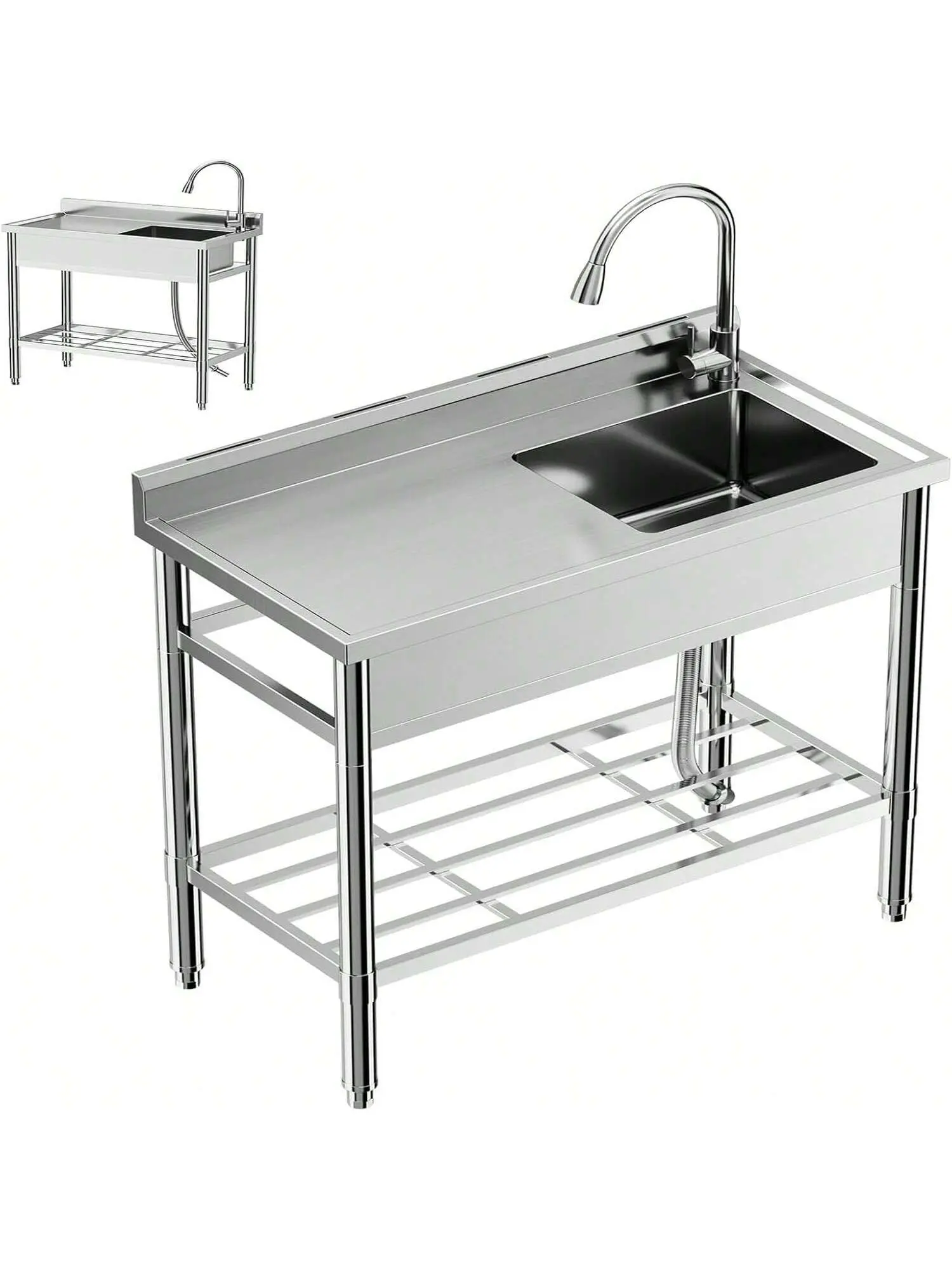 Gaomon Freestanding Commercial Single-Bowl Stainless Steel Kitchen Bar Sink Set - Adjustable Utility Workbench with Storage Shelf, Hot & Cold Faucets, Large Capacity, Clog-Preventing for Restaurants, Bars, Freestanding Commercial Sink