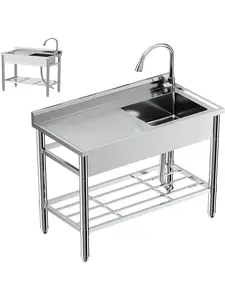 Free Standing Single Bowl Kitchen Sink,Stainless Steel Utility Sink Workbench Storage Shelf & Hot/Cold Stainless Faucet Commercial Sink Outdoor Sinks For Backyard Garden Kitchen Laundry