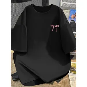 Women's Casual Round Neck with Cute Pink Bow Print Loose Fit Short Sleeve Cotton T-Shirt for Summe Summer Black 