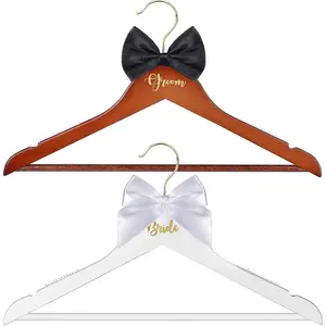 2 Pack Bride and Groom Wedding Hanger Set Bridal Wedding Dress Hanger with Bow Tie for Wedding Gift Bridal Party Shower