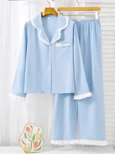 Elegant Blue Patchwork Lace Casual Homeewear Loungewear Sleepwear Set, Simple and Stylish Women's Pajamas, Comfortable and Chic Nightwear