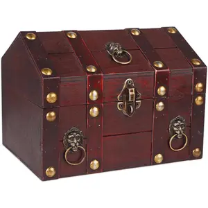 Large Treasure Chest 9.4"x6.9"x7" Wooden Pirate Treasure Box with Hinged , Rustic  Decorative Keepsake and  Box, Trinket Storage Chest Box Christmas Ornament Storage