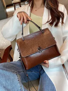 Women's Leather Handbag Shoulder Bag, Leather Satchel Purse, Fixed Handle + Detachable Wide Strap, Multi-Layered, Magnetic & Zip Design, Business Casual Fashion