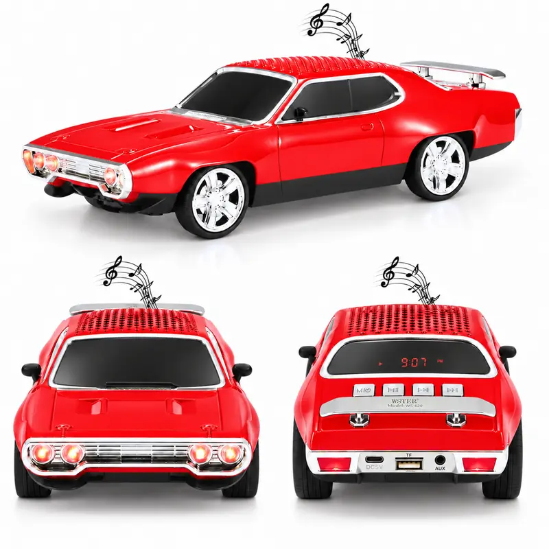 WSTER WS-620 Retro Classic Muscle Car Portable Rechargeable Speaker System, 50Hz-18kHz Audio, LED Lights, HD Stereo Sound, TWS Pairing, FM Radio, USB/TF/AUX Playback, Type-C Charging, Gift for Car Lovers