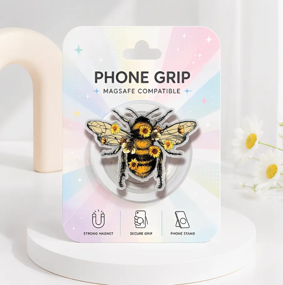 Floral Bumblebee MagSafe Phone Grip, Cute Sunflower Bee Magnetic Phone Holder, Natural Animals Acrylic Kindle Grip, Gift for Her, Aesthetic Insect Phone Accessory