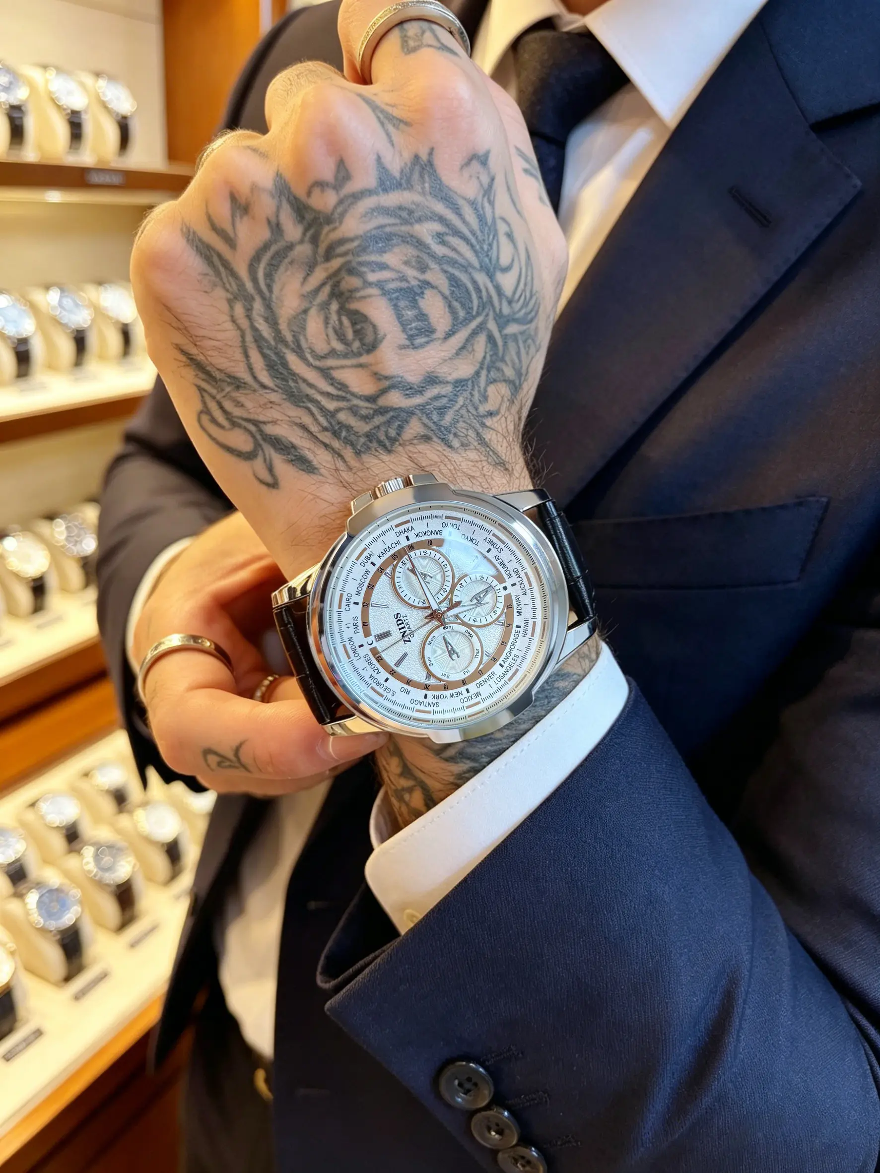 Men's Business Analog Quartz Watch, Business Wristwatch, Metal Case, World Time Bezel, Leather Strap&Lux Box, Waterproof, Precise Timing, Multi-Scene Adaptability