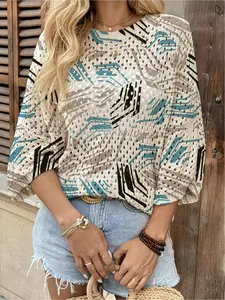 Spring & summer Bohemian knit top, round neck, hollow-out batwing sleeves, loose fit. Contrast patchwork print, lightweight, Casual. Great for daily, commute, vacation & beach bikini cover-up.