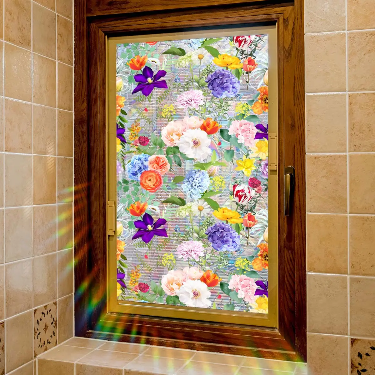 1Pc (45*100cm) Large Size Colorful Flowers Window Sticker, Decorative Decal, Static Electricity Glass Sticker for Bedroom Decor, Floral Pattern Sticker