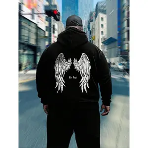 ��Plus Size�� Angel Wing & Letter Print Drawstring?Sports?Hoodie, Casual Regular Fit Pocket Hooded Sweatshirt for Fall & Winter, Men's Plus Size Clothes for Daily Wear