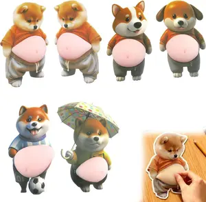 3D Shiba Inu Dog Soft Silicone Belly Sticker, Anti-Collision Wall Decal, Cute Puppy with Pink Belly in Orange Outfit, 4.7inch Home Decor Gift (3PCS)