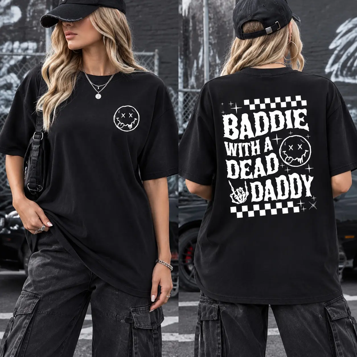 Women's Baddie With A Dead Daddy Graphic Tee Front And Back Print Melting Smile Skeleton Hand Short Sleeve Oversized Grunge Streetwear Casual Top Trendy Edgy Tshirt For Daily Outfit