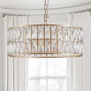 (L5025-450-G/W1340P189450)18" Golden Modern Crystal Drum Chandelier, 6-Light Pendant Lighting Fixture with Metal Frame for Living Room, Dining Room, and Bedroom (Bulbs Not Included)