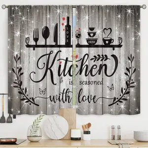 2Pcs Black White Rustic Kitchen Curtains Short Small Fork Spoon Wine Rod Pocket Herbs Wooden Rod Pocket Curtains 28x40in