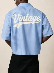 Men's Blue Striped Cropped Short Sleeve Shirt, "Vintage" Graphic Print Camp Collar Top, Casual Streetwear Blouse for Summer Daily & Casual Street Style Outfits