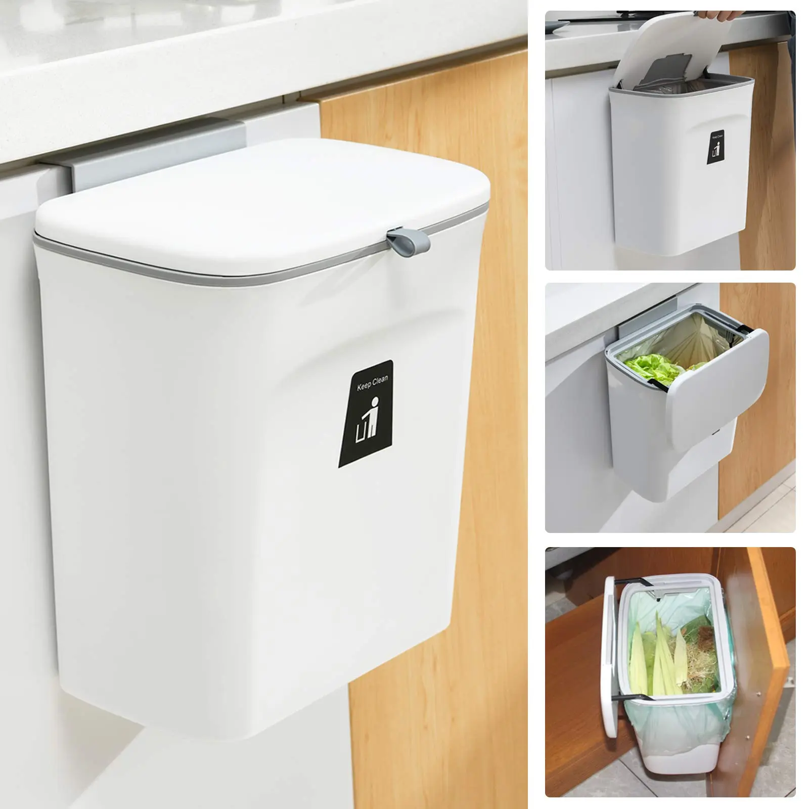 No-Bend Hanging Kitchen Trash Can with Lid, Space-Saving Compost Bin for Cabinet Door, Countertop or Under Sink, Small Food Waste Bin with Scraper for Kitchen