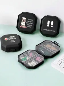 7-Day Twice Daily Pill Organizer Capsule pharmacy printed large capacity case with transparent lid. Two compartments per day for pills, vitamins and fish oil. Portable emergency storage for travel, hiking and daily medication.