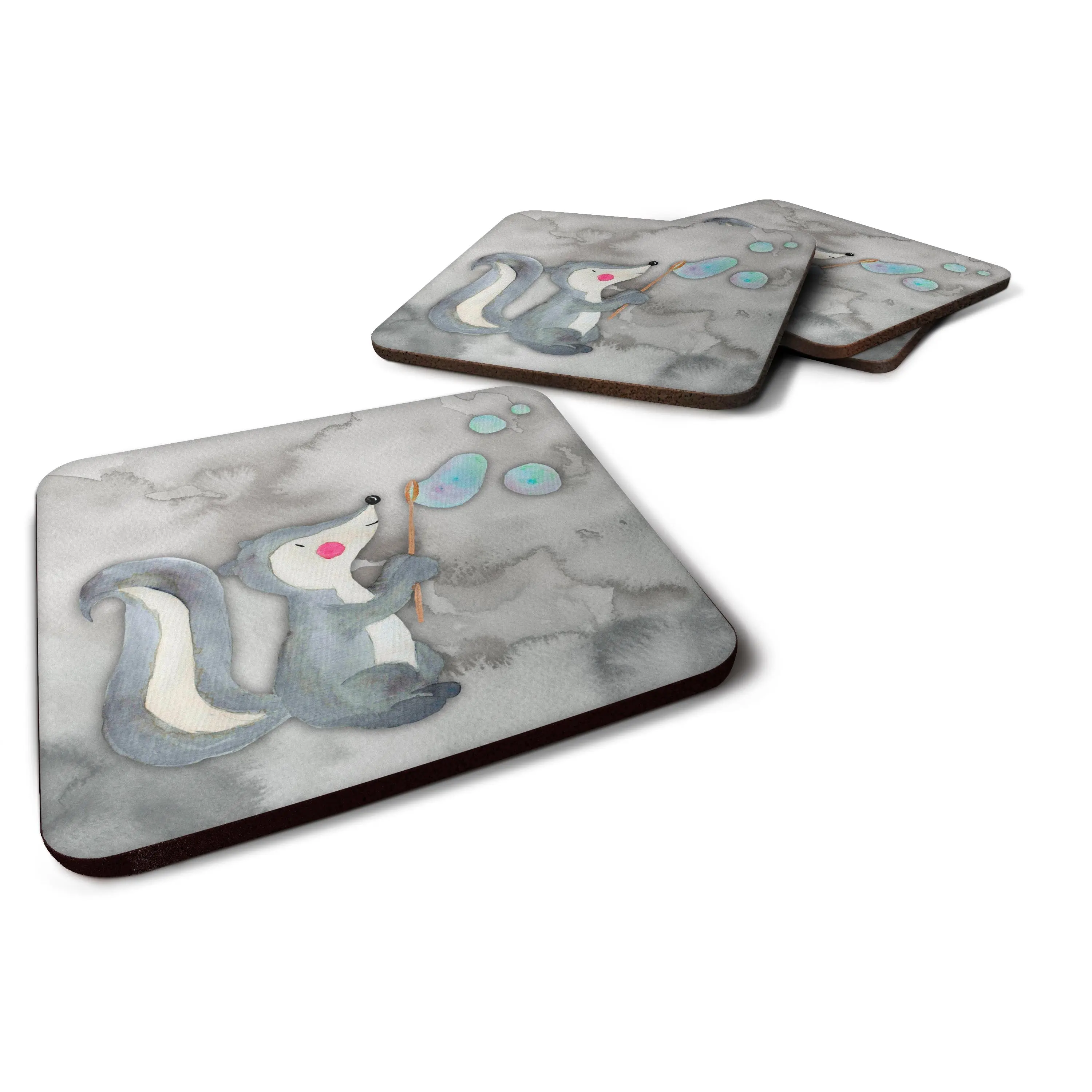 Skunk and Bubbles Watercolor Foam Coaster Set of 4, Kitchen Tableware Accessory, Model BB7352FC