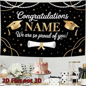 2D Flat Banner Polyester Photography Backdrop, Soft Lightweight Foldable HD Digitally Printed Black Gold Graduation Theme Background Cloth with "Congratulations We Are So Proud Of You" Text for Graduation Party Decor, Photo Booth,