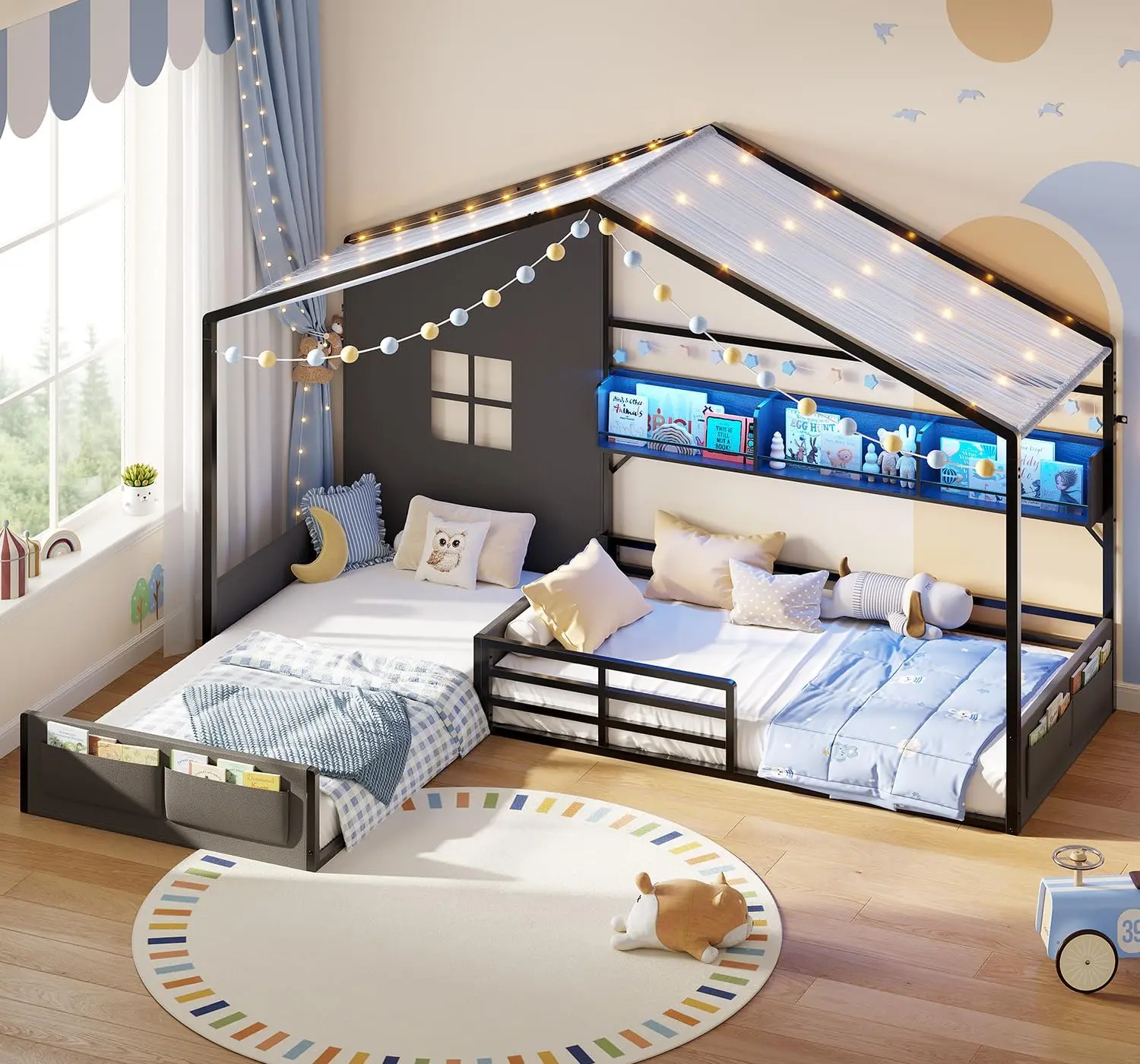 ADORNEVE Double Twin Size L-Shaped Montessori Floor Bed Frame - Metal Frame, Play Tent, LED Lights, Corner House Design, Storage Bookshelf, Full Safety Guardrails, Modern Loft Style