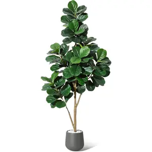 120/150/180/210 CM Fiddle Leaf Fig Tree Artificial with Leaves - Realistic Faux Ficus Lyrata Trees in Grey Planter Pot, Indoor Fake Floor Plants for Home Office Living Room Decor, Housewarming Gift