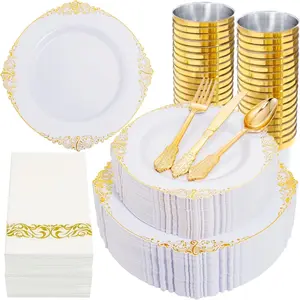 95-Piece & Gold Plastic Dinnerware Set, Reusable Plates, Elegant Plastic Plates, Bowls, Cups, Napkins, Perfect for Halloween, Christmas, Wedding Parties