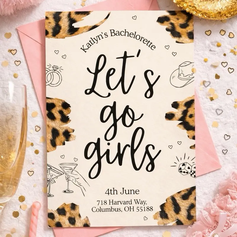 Let’s Go Girls Bachelorette Invitation Printed | Western Bachelorette Invite | Cowgirl Bach Party Invitation | Leopard Bachelorette Party Invite