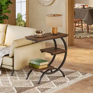 ​Industrial C-Shaped End Table, 3-Tier Wood Bedside Table with Storage Shelves for Small Spaces - Rustic Brown Compact Snack Table for Couch, Bedroom, Living Room​