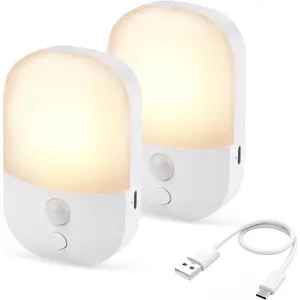 Night Light with Auto Motion Sensor, Rechargeable , Type-C LED Stick-On Closet Light with Twilight Sensor, Adjustable Brightness, Warm White for Wall, Hallway, Stairs, Cabinet (2 Pack)
