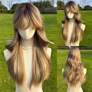 SMILCO/26Inches Honey Blonde Gradient Long Curly with Bangs Synthetic Wigs for Women Dairy&Festival Style/SM576