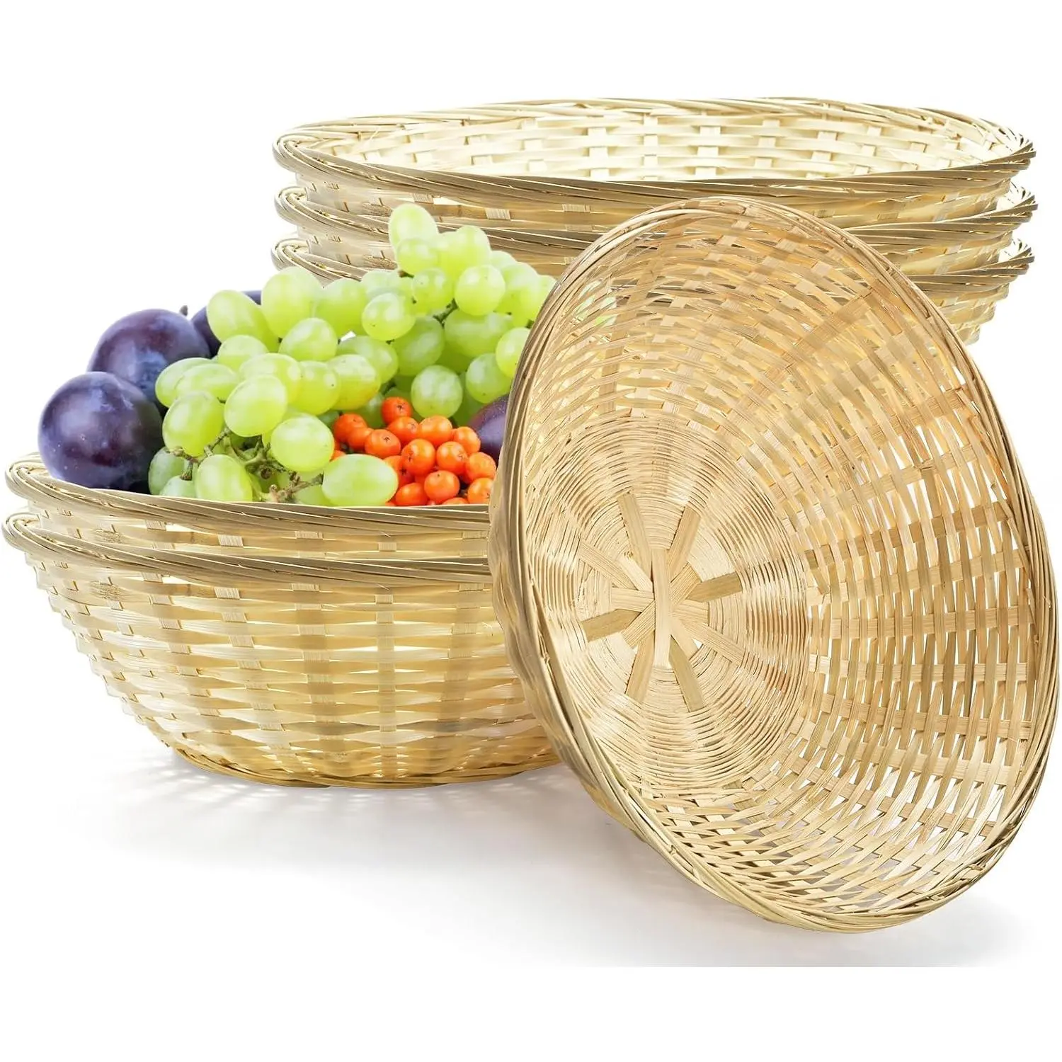 6 Pack 12 Inch Large Round Natural Bamboo Woven Wicker Bread Berry Fruit Basket Food Storage Bin for Picnic Kitchen Restaurant Gift