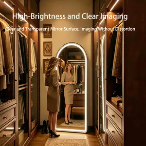 Arched LED Full-Length Mirror, Shatterproof Tempered Glass Vanity Mirror with 3 Color Lights, Wall Mounted for Bedroom Bathroom