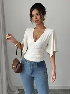 Elegant New Cross V Neck Slim Fit Batwing Sleeve Top, Stylish Solid Color Women's Blouse for Casual Wear, Chic and Sexy Design, Womenswear, Shirts