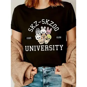 SKZ-SKZOO University Casual Women's 180g Black Cotton Round Neck Short Sleeve Graphic Print T-shirt, Cartoon Animal Character Design, Cute and Trendy Fashion Tee for Ladies