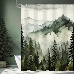 Dark Green Pine Forest Shower Curtain, Misty Mountain Foggy Woodland Scenery Tree Shower Curtains for Chic Rustic Bathroom, Abstract Modern Waterproof Nature-Themed Decor