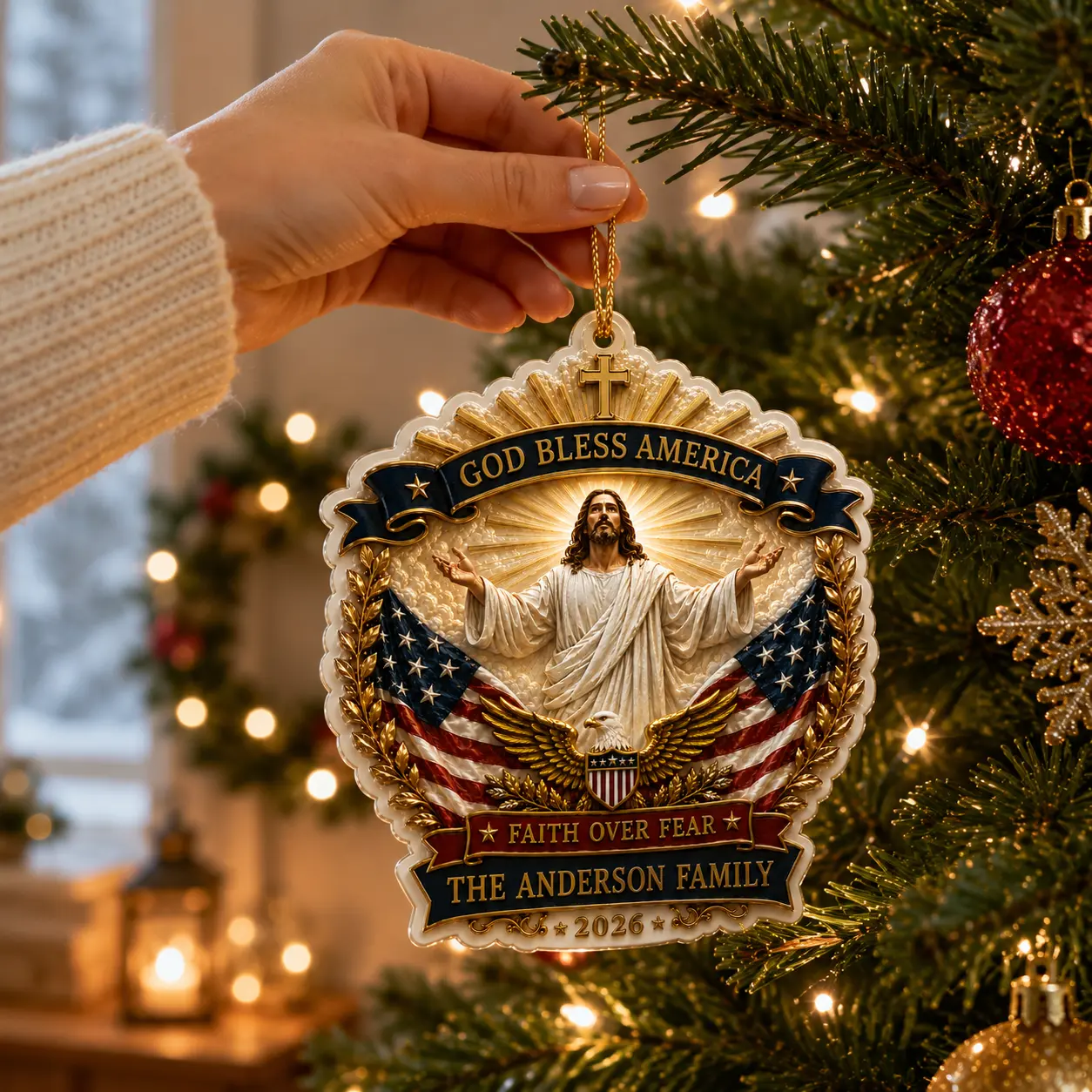 2026 Personalized God Bless USA 250th Anniversary Christmas Ornament - Custom Family Name Home Decor, Ideal Holiday Gift for Festive Occasions