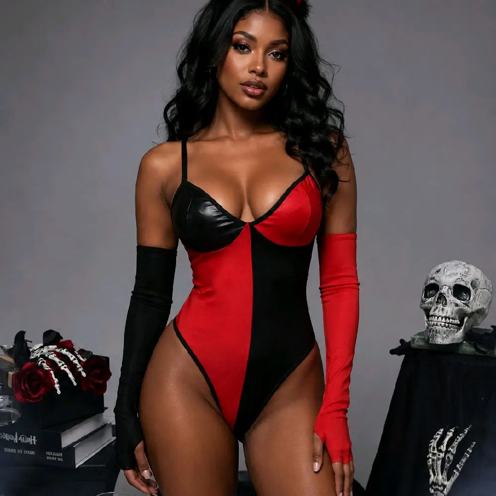Women Sexy Devil 4-Piece Halloween Bodysuit Costume Set Cosplay Costume Outfit