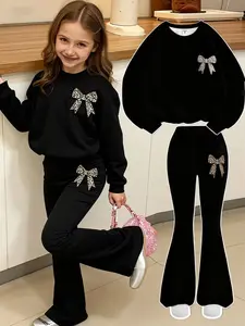 Girls' Spring & Fall Leopard Bow Print Long Sleeve Sweatshirt + Bell Bottom Pants Set, Casual Fitted, Perfect Gift Choice