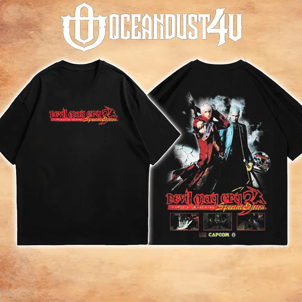 OceanMOB4U Devil May Cry 3 Dante’s Awakening Special Edition Black T-Shirt, Dante and Vergil Front and Back Graphic Gaming Tee, Gothic Action Video Game Shirt, Unisex Gamer Gift