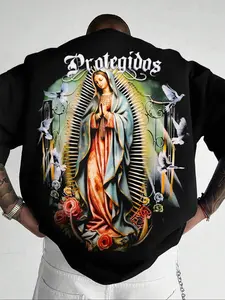 Men's Letter & Guadalupe Print Round Neck Graphic Tee, Oversized Loose Casual Short Sleeve T-shirt for Daily Wear, Men's Top for All Seasons, Casual Graphic Design, Baggy