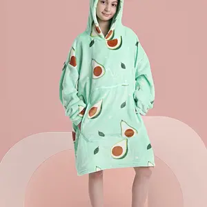 Avocado Cartoon Full Body Print Blanket, Hat and Apple Shape Pocket, Fire Retardant Fabric, Fall Winter Long Sleeve