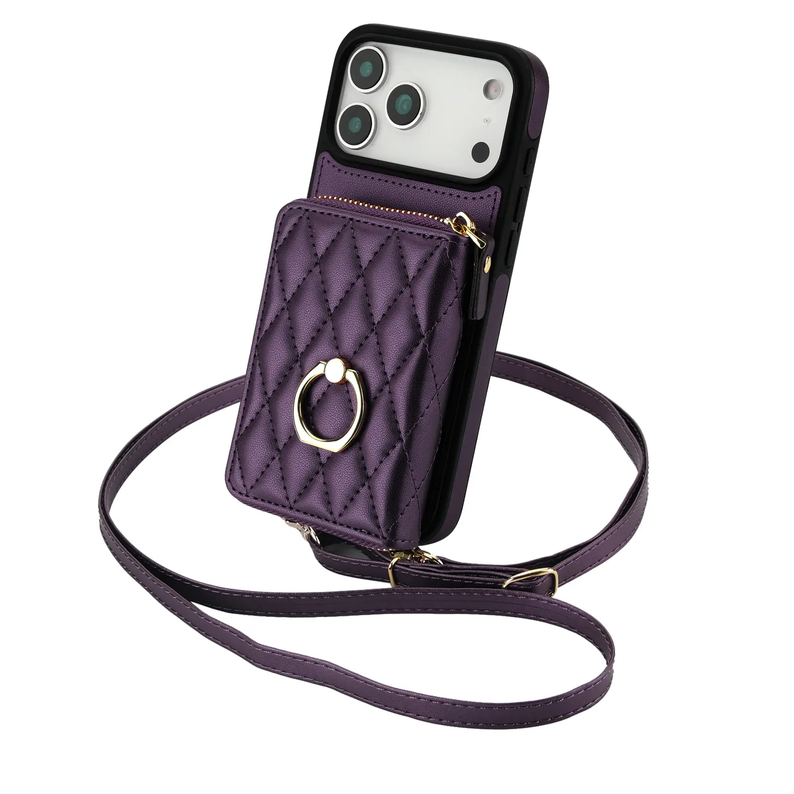 360° Rotatable Ring Kickstand Zipper RFID Blocking Wallet Phone Case for iPhone 17 16 Plus Pro Max, Quilted Leather Zipper Card Purse Cover, Detachable Adjustable Crossbody Strap&Matching Wrist Lanyard,Shockproof Anti-Scratch Handbag Style Phone Case, Dia
